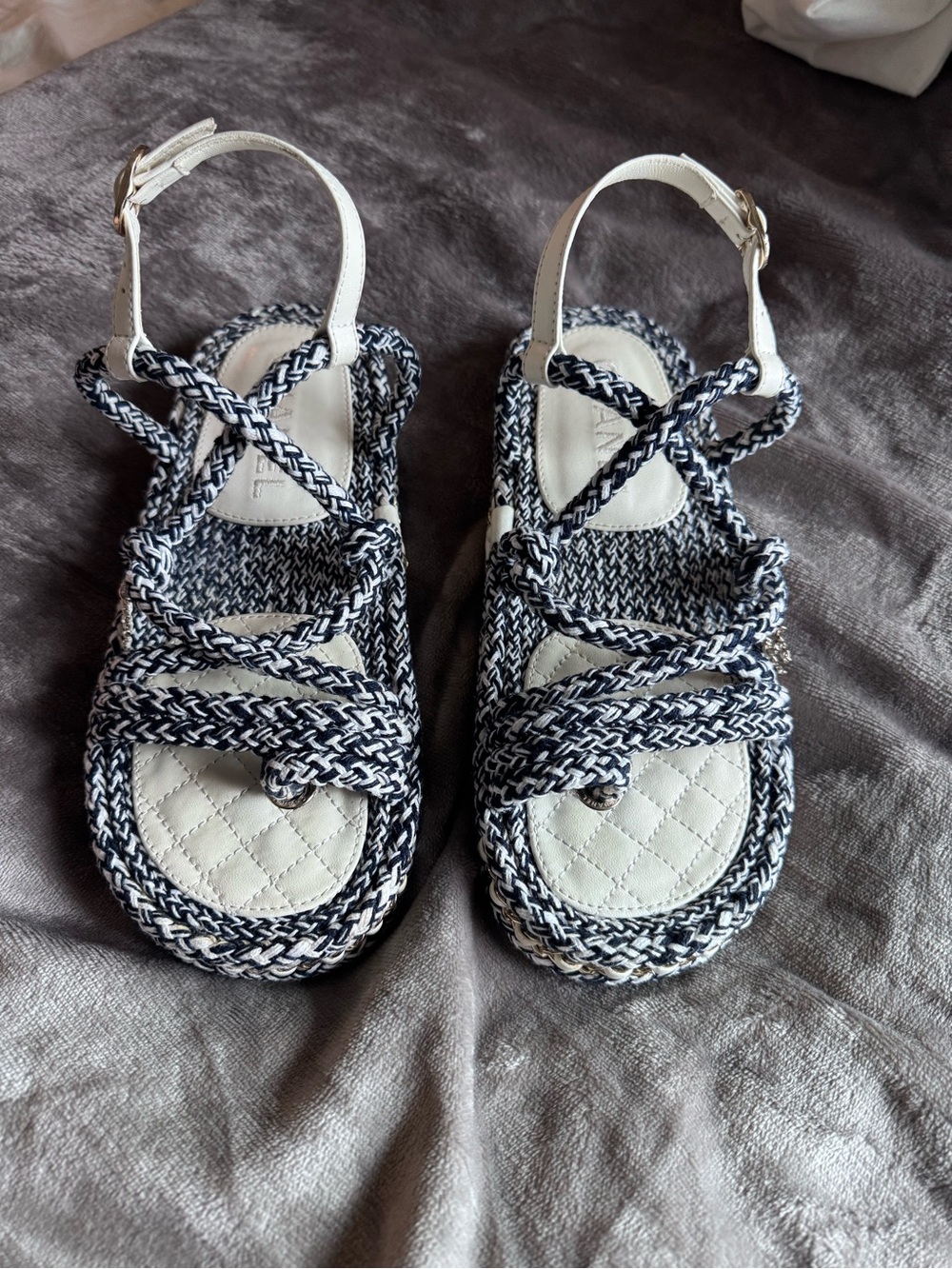 Chanel Braided Rope Sandals Navy White CC Logo Chain Flat Slides Italy EU 36